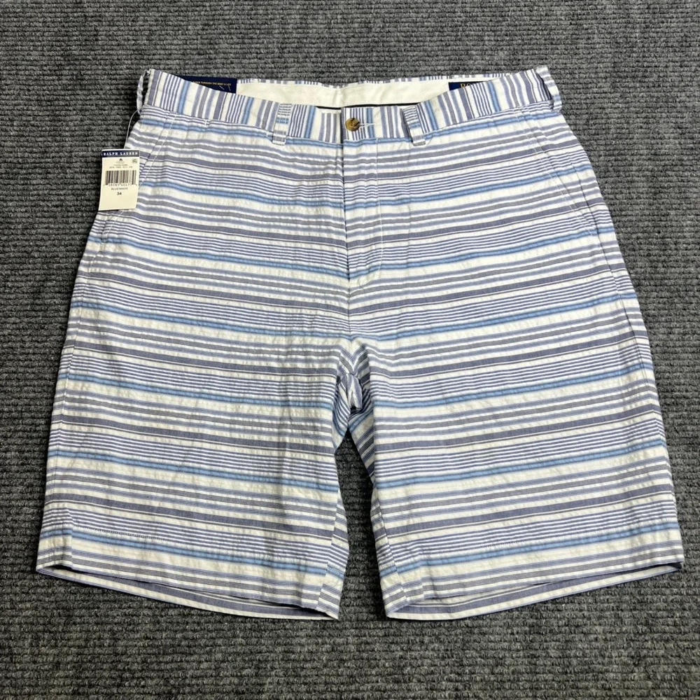 Polo Ralph Lauren Mens 34 Blue White Striped Seersucker 9 In Stretch Shorts NWT
